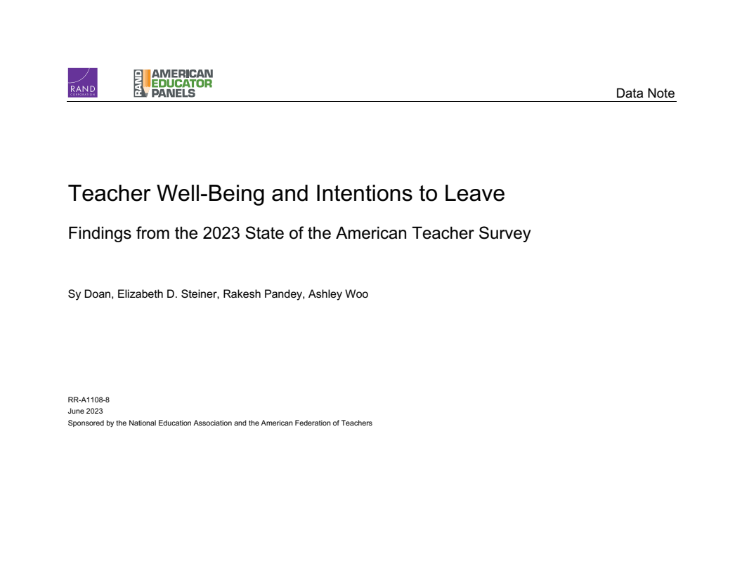 Teacher Well-Being and Intentions to Leave: Findings from the 2023 State of the American Teacher Survey