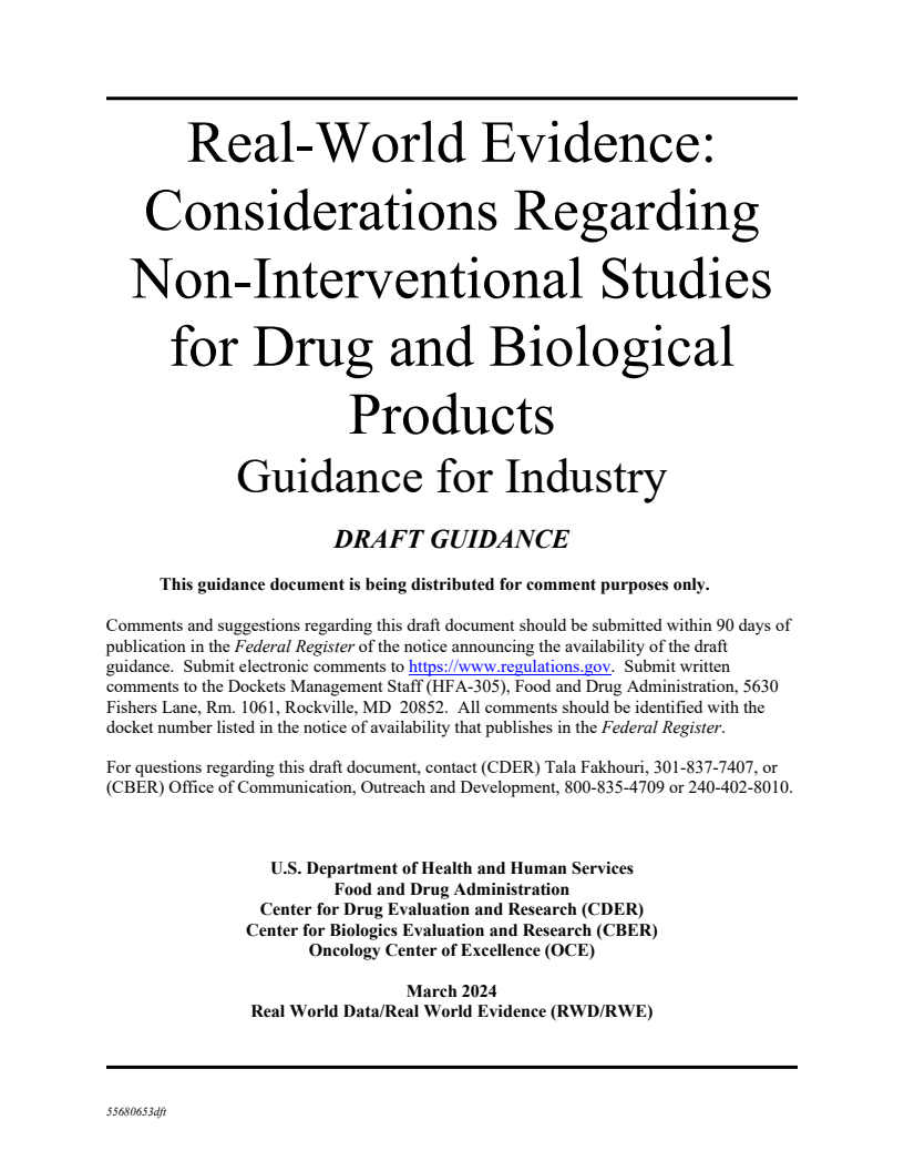 실제 증거 : 의약품 및 생물학 제품의 비중재적 연구에 대한 고찰 (Real-World Evidence: Considerations Regarding Non-Interventional Studies for Drug and Biological Products)