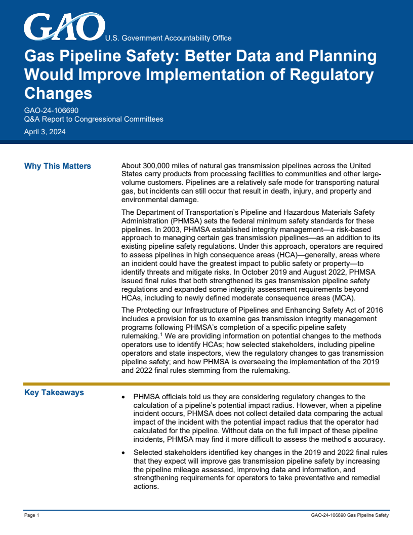 가스 배관 안전성 : 보다 나은 자료와 계획을 통한 규제 변경 사항 이행 개선 (Gas Pipeline Safety: Better Data and Planning Would Improve Implementation of Regulatory Changes)