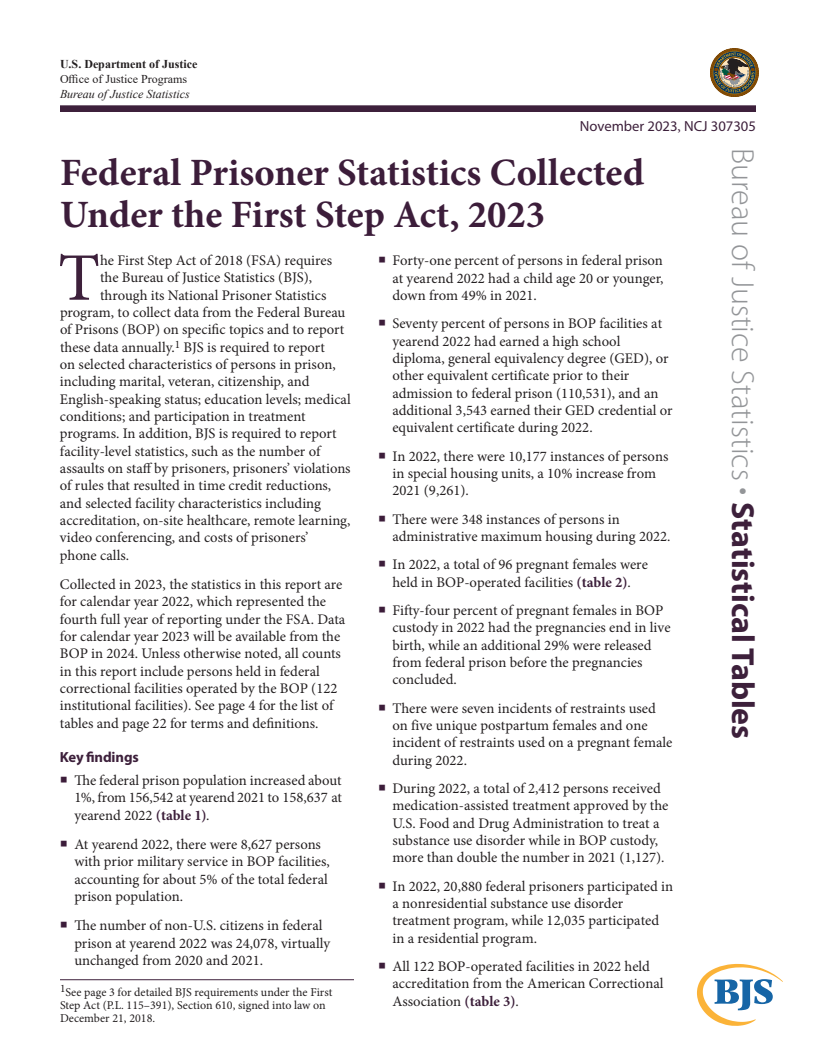 2023년 첫걸음 법에 따라 수집된 연방 수감자 통계 (Federal Prisoner Statistics Collected Under the First Step Act, 2023)