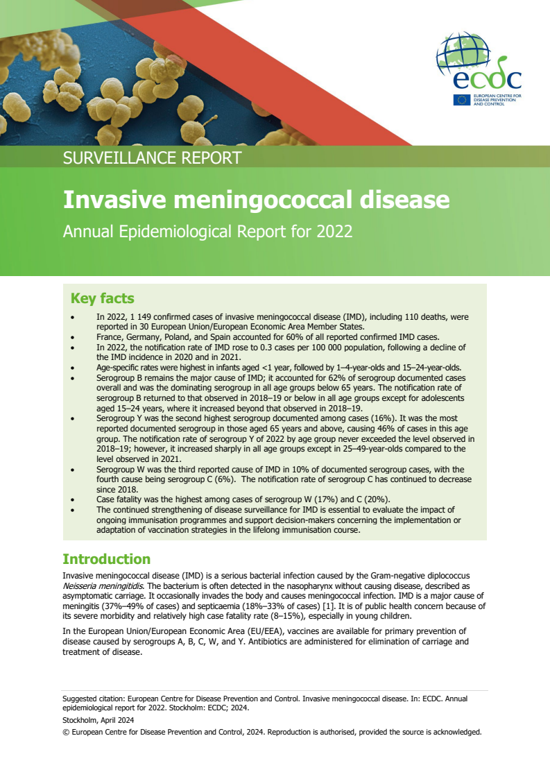 침습성 수막구균 질환 - 2022년 연간 역학 보고서 (Invasive meningococcal disease - Annual Epidemiological Report for 2022)