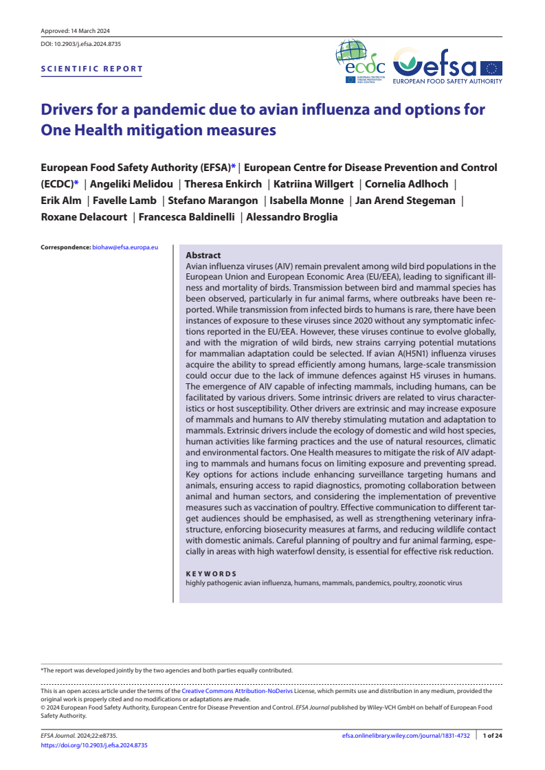 조류 인플루엔자로 인한 전염병의 동인과 원헬스(One Health) 완화 조치 방안 (Drivers for a pandemic due to avian influenza and options for One Health mitigation measures)