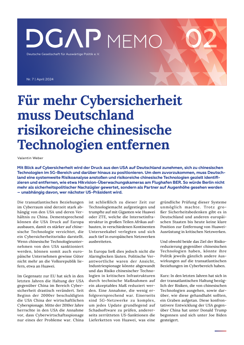 사이버 보안 강화를 위한 중국 위험 기술 제거 (Für mehr Cybersicherheit muss Deutschland risikoreiche chinesische Technologien entfernen)