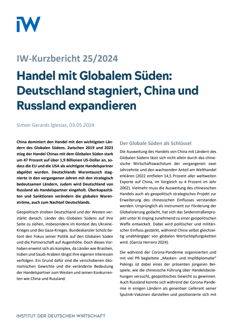 글로벌 남반구와의 무역: 침체되는 독일, 팽창하는 중국과 러시아 (Handel mit Globalem Süden: Deutschland stagniert, China und Russland expandieren)