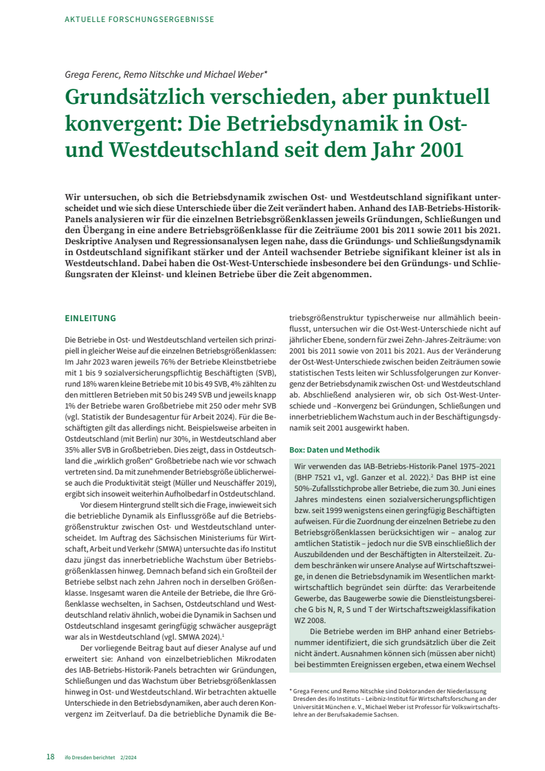 2001년 이후 동서독간 비즈니스 운영 측면에서의 공통점과 차이점 (Grundsätzlich verschieden, aber punktuell konvergent: Die Betriebsdynamik in Ost- und Westdeutschland seit dem Jahr 2001)