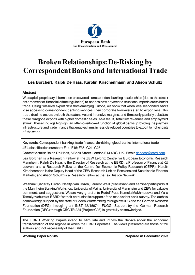 끊어진 관계 : 은행과 국제 무역의 위험 완화 (Broken Relationships: De-Risking by Correspondent Banks and International Trade)
