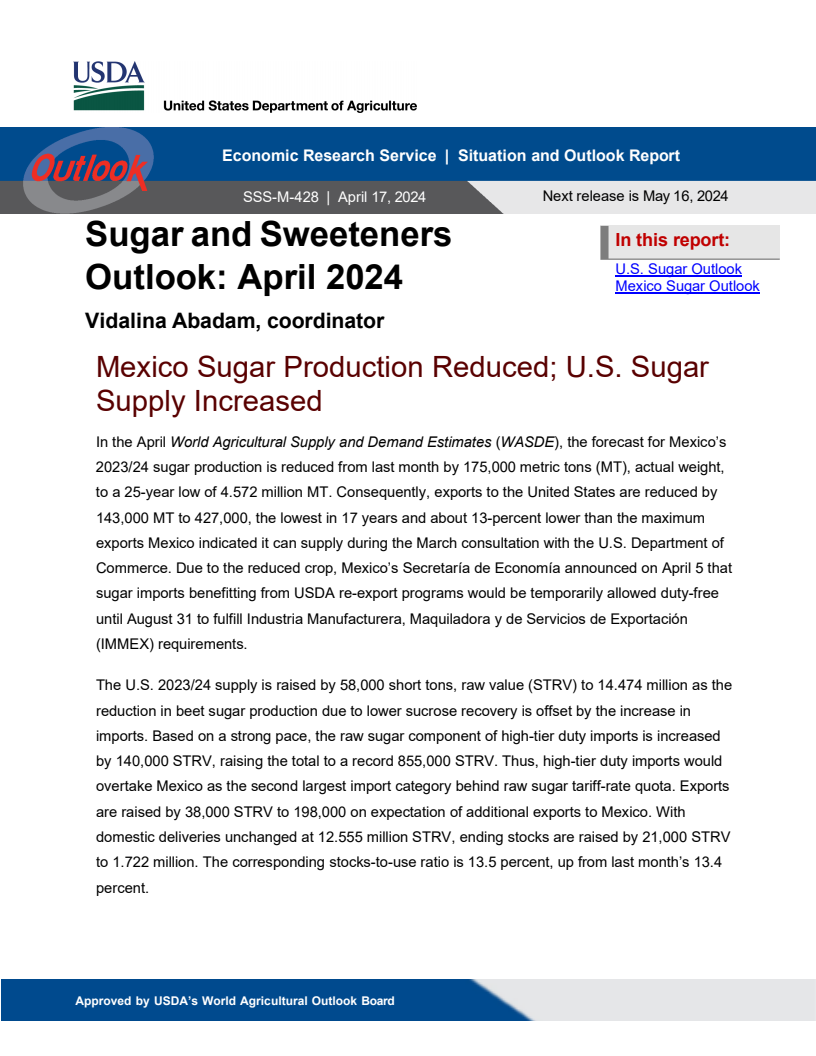 설탕과 감미료 전망 : 2024년 4월 (Sugar and Sweeteners Outlook: April 2024)