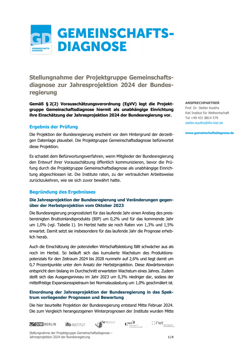 2024 독일 정부 연간 전망에 관한 공동 진단 프로젝트 그룹의 성명서 (Stellungnahme der Projektgruppe Gemeinschaftsdiagnose zur Jahresprojektion 2024 der Bundesregierung)