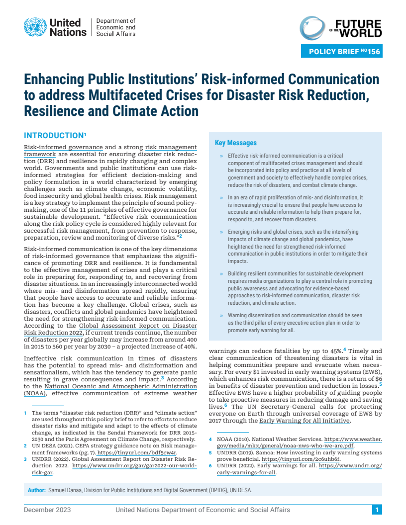 재난 위험 경감, 회복력과 기후행동을 위한 다각적인 위기 대응에서 공공기관의 위험정보 커뮤니케이션 강화 (Enhancing Public Institutions' Risk-informed Communication to address Multifaceted Crises for Disaster Risk Reduction, Resilience and Climate Action)