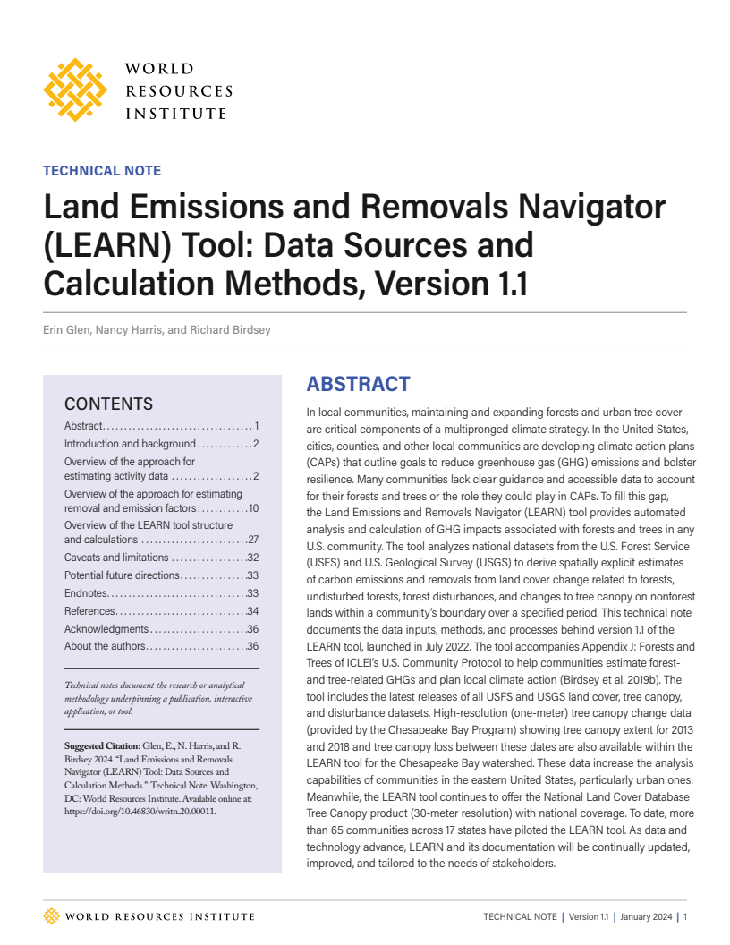 토지 배출 및 제거 탐색(LEARN) 도구: 데이터 소스 및 계산 방법, 1.1 버전 (Land Emissions and Removals Navigator (LEARN) Tool: Data Sources and Calculation Methods, Version 1.1)