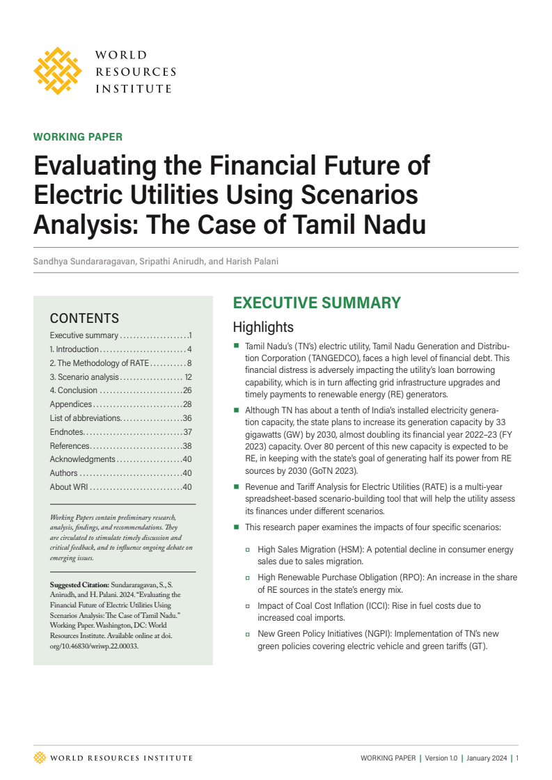 시나리오 분석을 이용한 전력 회사의 재무 전망 평가 : 타밀나두의 사례 (Evaluating the Financial Future of Electric Utilities Using Scenarios Analysis: The Case of Tamil Nadu)