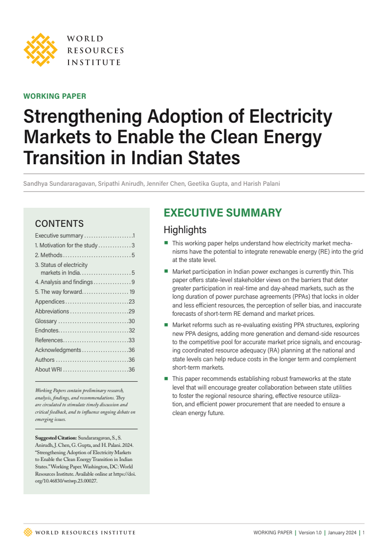 인도의 청정에너지 전환을 위한 전력 시장 도입 강화 (Strengthening Adoption of Electricity Markets to Enable the Clean Energy Transition in Indian States)
