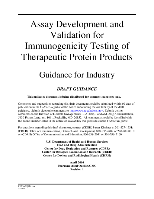 치료용 단백질 제품의 면역성 시험과 관련된 분석개발 및 검증 (Assay Development and Validation for Immunogenicity Testing of Therapeutic Protein Products)
