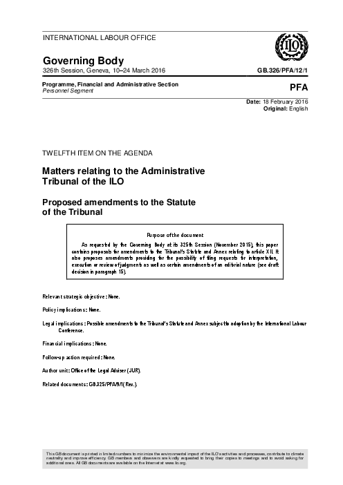 국제노동기구(International Labour Organization, ILO) 행정재판소 관련 현안 : 재판소 법령 수정 제안 (Matters relating to the Administrative Tribunal of the ILO: Proposed amendments to the Statute of the Tribunal)