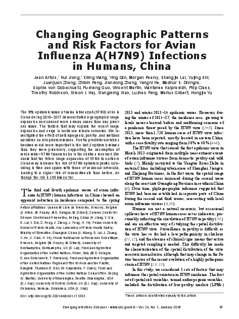 중국의 조류 인플루엔자 A형 H7N9, 인간 감염의 지리학적 패턴과 위험 요인 변화 (Changing Geographic Patterns and Risk Factors for Avian Influenza A(H7N9) Infections in Humans, China)