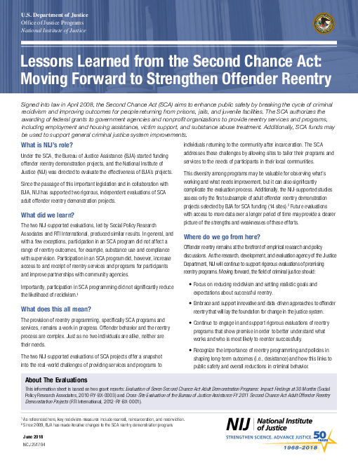 두 번째 기회법이 주는 교훈 : 범죄자 사회 복귀 강화를 위한 전진 (Lessons Learned From the Second Chance Act: Moving Forward To Strengthen Offender Reentry)