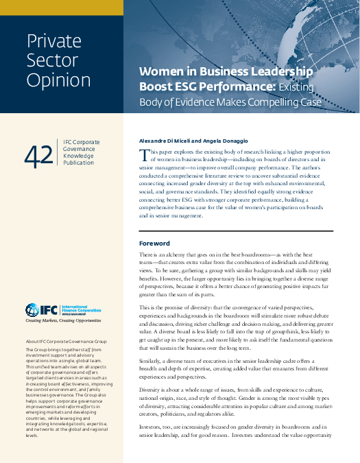 경영진에 포함된 여성의 환경, 사회, 정책 개선 : 기존의 강력한 사례 증거 (Women in Business Leadership Boost ESG Performance: Existing Body of Evidence Makes Compelling Case)(2018)