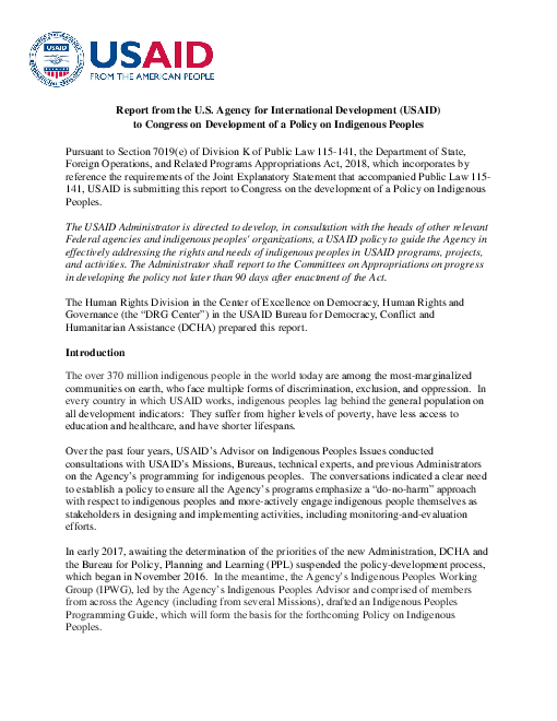 원주민 관련 정책 개발에 관한 미국 국제개발처의 의회 제출 보고서 (Report from the U.S. Agency for International Development (USAID) to Congress on Development of a Policy on Indigenous Peoples)