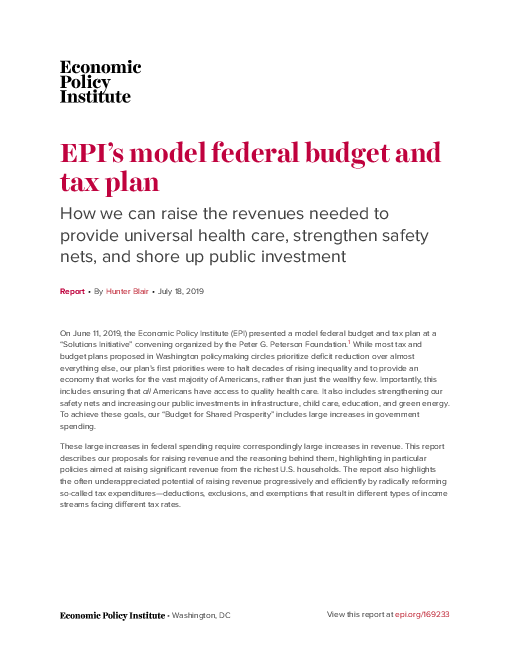 경제정책연구소의 연방 예산 및 세금 계획 : 단일 건강보험 제공, 안전망 강화, 공공 투자 확대에 필요한 세입 증대 방법 (EPI’s model federal budget and tax plan: How we can raise the revenues needed to provide universal health care, strengthen safety nets, and shore up public investment)(2019)