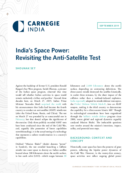 인도 항공우주 역량 : 위성요격 시험 재평가 (India’s Space Power: Revisiting the Anti-Satellite Test)(2019)