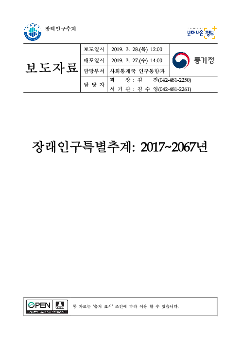 (보도자료) 장래인구특별추계: 2017~2067년(2019)
