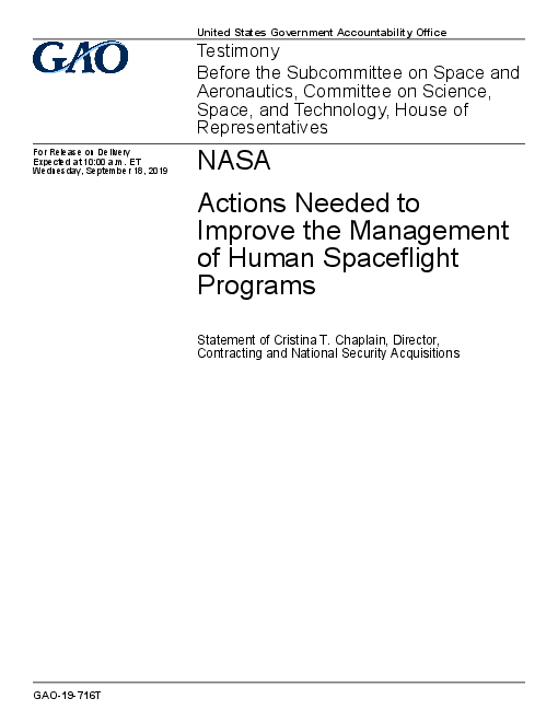 미 항공우주국 : 유인 우주비행 프로그램 관리 개선에 필요한 조치 (NASA: Actions Needed to Improve the Management of Human Spaceflight Programs)(2019)