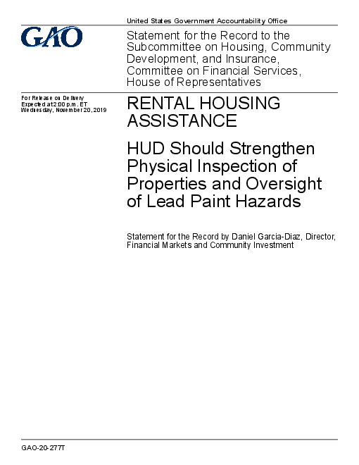임대주택 지원 : 납 성분 페인트 위험 문제 해결을 위한 공공주택부(HUD)의 실물검사 및 감찰 강화 필요성 (Rental Housing Assistance: HUD Should Strengthen Physical Inspection of Properties and Oversight of Lead Paint Hazards)(2019)