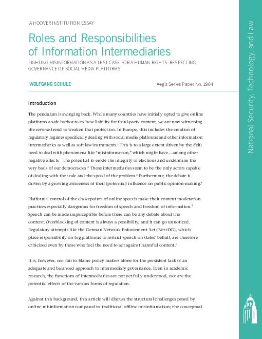정보 매개체의 역할과 책임 : 인권 시험 사례로 오보 문제 해결 - 소셜 미디어 플랫폼의 지배구조 존중  (Roles and Responsibilities of Information Intermediaries: Fighting Misinformation as a Test Case for a Human Rights–Respecting Governance of Social Media Platforms)(2019)