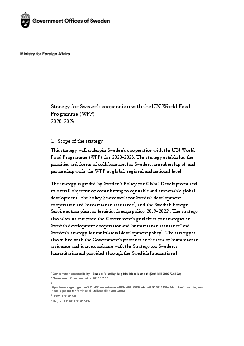 스웨덴 정부의 2020-23년 유엔 세계식량계획(WFP) 협력 전략 (Strategy for Sweden’s cooperation with the UN World Food Programme (WFP) 2020–2023)