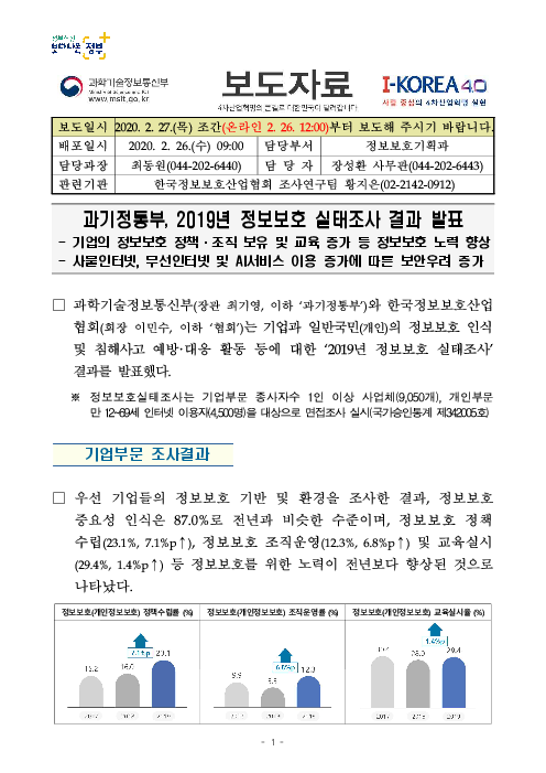 (보도자료) 과기정통부, 2019년 정보보호 실태조사 결과 발표
