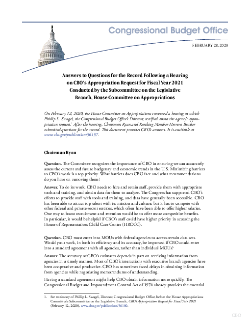 미국 하원세출위원회 입법 분과위원회가 수행한 미 의회예산처의 2021년 예산 요청에 관한 공청회 이후 공식 질문에 대한 답변서 (Answers to Questions for the Record Following a Hearing on CBO’s Appropriation Request for Fiscal Year 2021 Conducted by the Subcommittee on the Legislative Branch, House Committee on Appropriations)