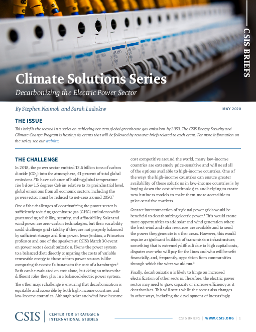 기후 해결책 시리즈 : 전력 부문 탈탄소화 (Climate Solutions Series: Decarbonizing the Electric Power Sector)(2020)