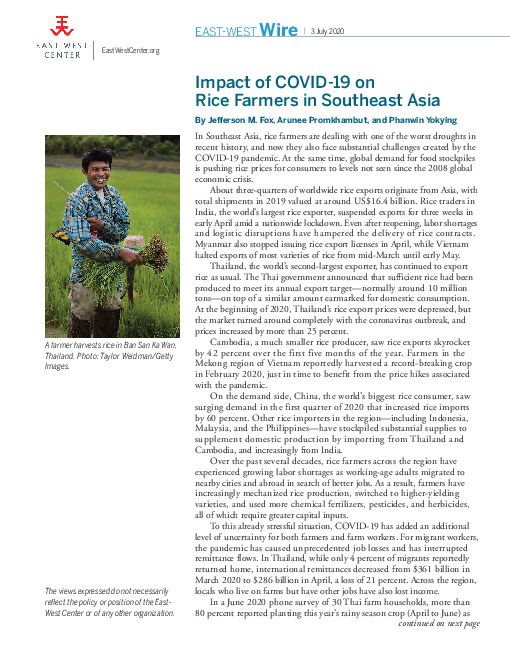 동남아시아 벼농사 농부에게 코로나바이러스감염증-19(COVID-19)가 미친 영향 (Impact of COVID-19 on Rice Farmers in Southeast Asia)(2020)