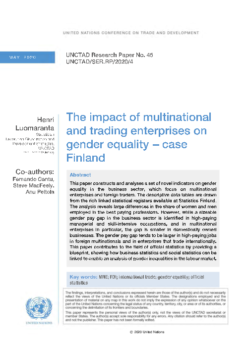 다국적 기업 및 무역기업이 양성평등에 미치는 영향 - 핀란드 사례 (The impact of multinational and trading enterprises on gender equality - Case Finland)(2020)