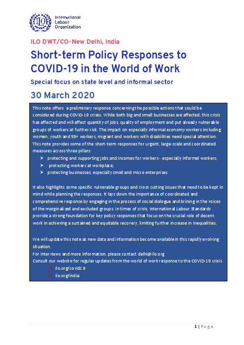 노동 세계의 코로나바이러스감염증-19(COVID-19)에 대한 단기 정책 반응 : 주 수준 및 비공식 부문 (Short-term Policy Responses to COVID-19 in the World of Work: Special focus on state level and informal sector)(2020)