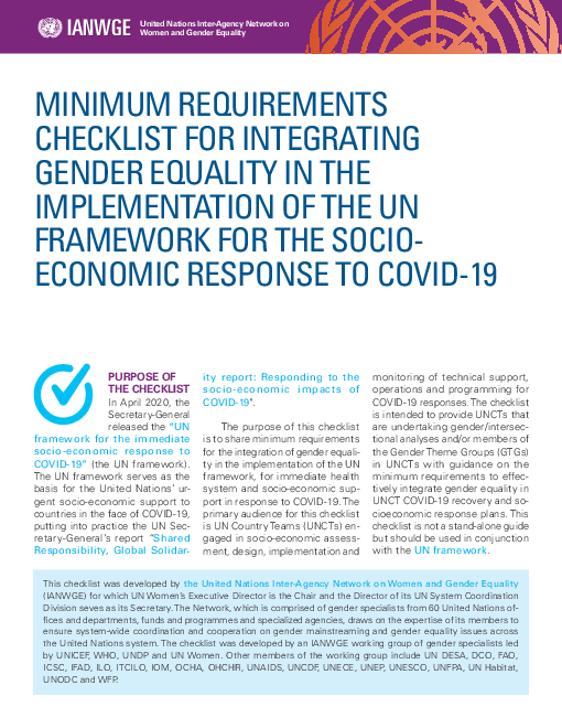 코로나바이러스감염증-19(COVID-19) 사회경제적 대응 : 유엔 양성평등 통합에 관한 최소한의 요구사항 점검표 (Minimum requirements checklist for integrating gender equality in the implementation of the UN Framework for the Socioeconomic Response to COVID-19)(2020)