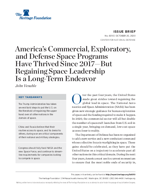 2017년 이후 활기를 띤 상용, 탐사, 국방 우주 프로그램 및 우주 리더십 회복에 필요한 장기적인 노력 (America’s Commercial, Exploratory, and Defense Space Programs Have Thrived Since 2017-But Regaining Space Leadership Is a Long-Term Endeavor)(2020)