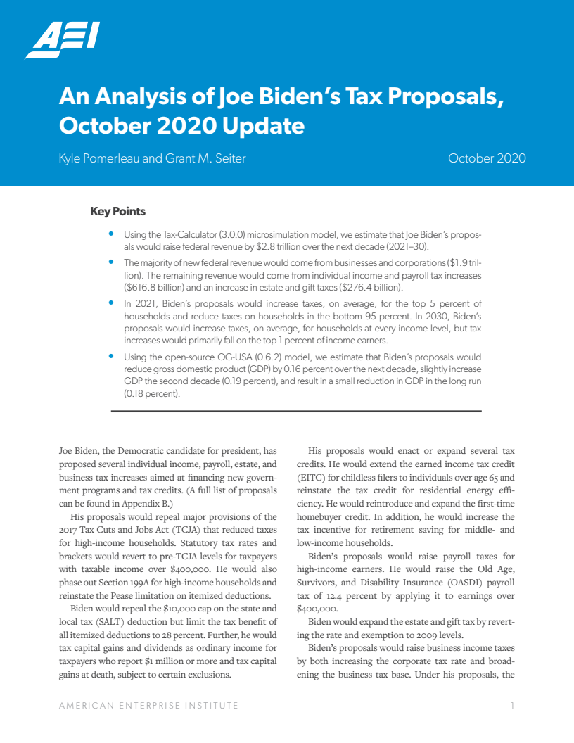 조 바이든 세제안 분석, 2020년 10월 개정판 (An analysis of Joe Biden’s tax proposals, October 2020 update)(2020)