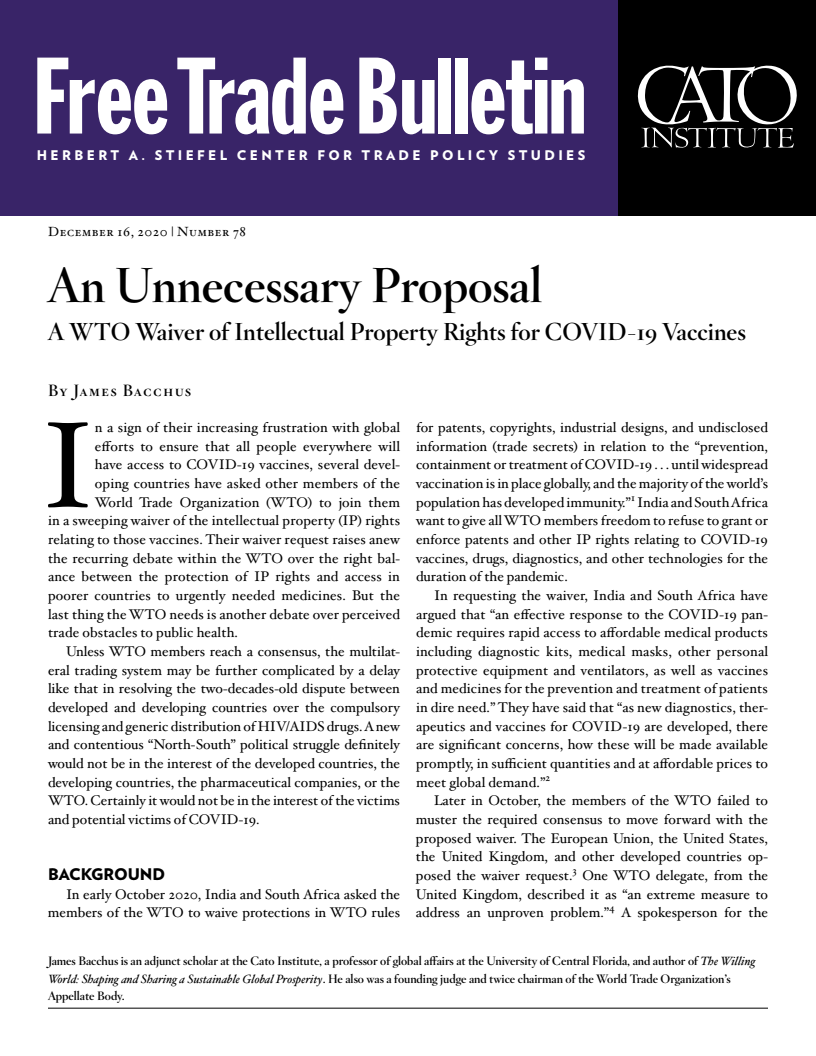 불필요한 제안 : 코로나바이러스감염증-19(COVID-19) 백신에 대한 세계무역기구(WTO) 지식재산권 면제 (An Unnecessary Proposal: A WTO Waiver of Intellectual Property Rights for COVID-19 Vaccines)