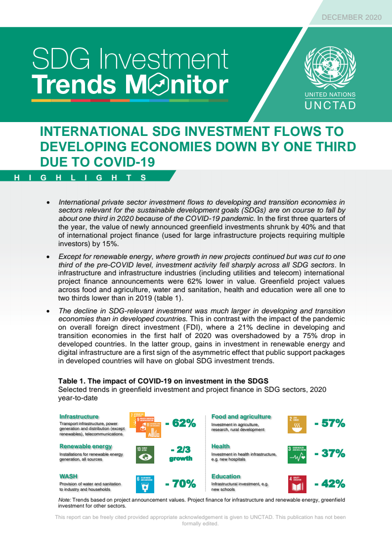 코로나바이러스감염증-19(COVID-19) 때문에 개발도상국으로의 지속가능발전목표(SDG) 국제투자 흐름 3분의 1 감소 (International SDG investment flows to developing economies down by one third due to COVID-19)(2020)
