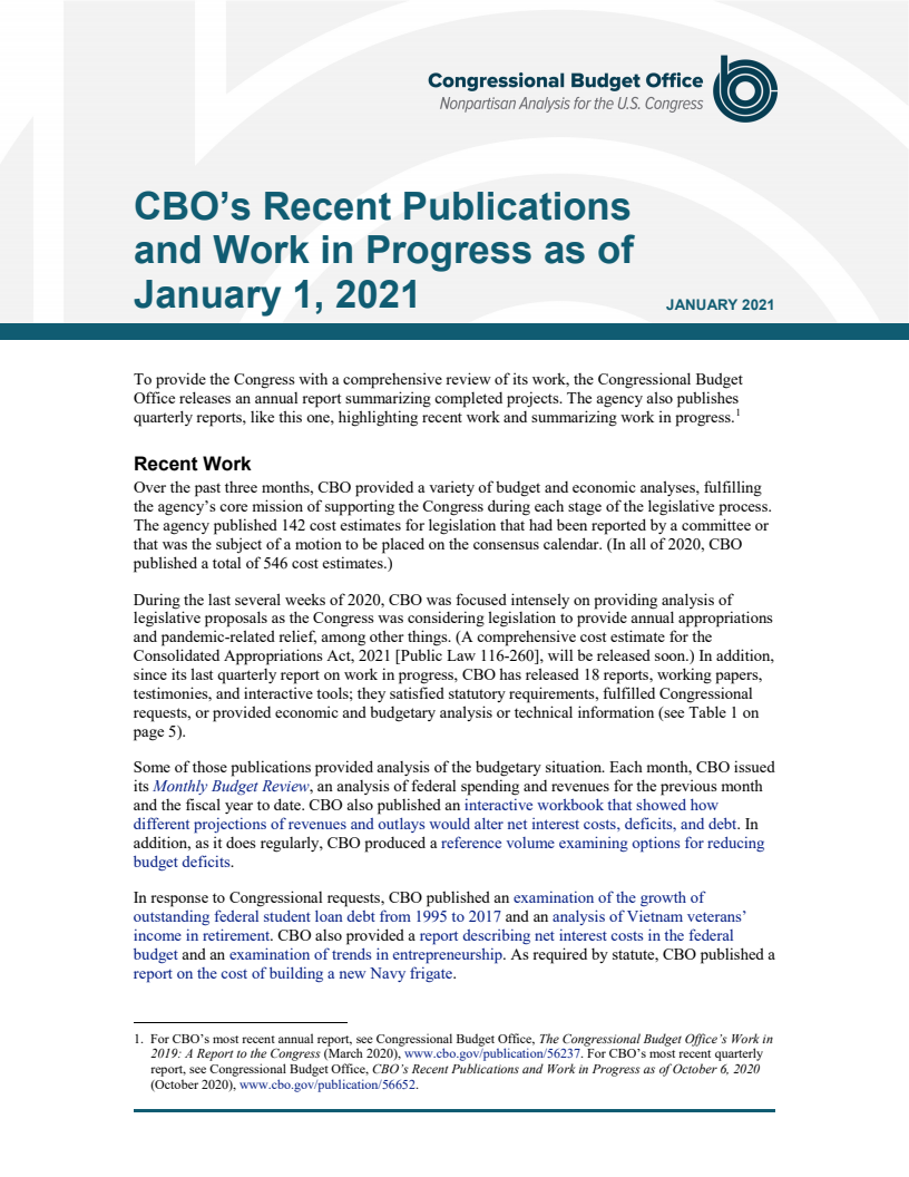 의회예산처(CBO)의 최신 보고서 및 수행 중인 업무 : 2021년 1월 1일 기준 (CBO’s Recent Publications and Work in Progress as of January 1, 2021)