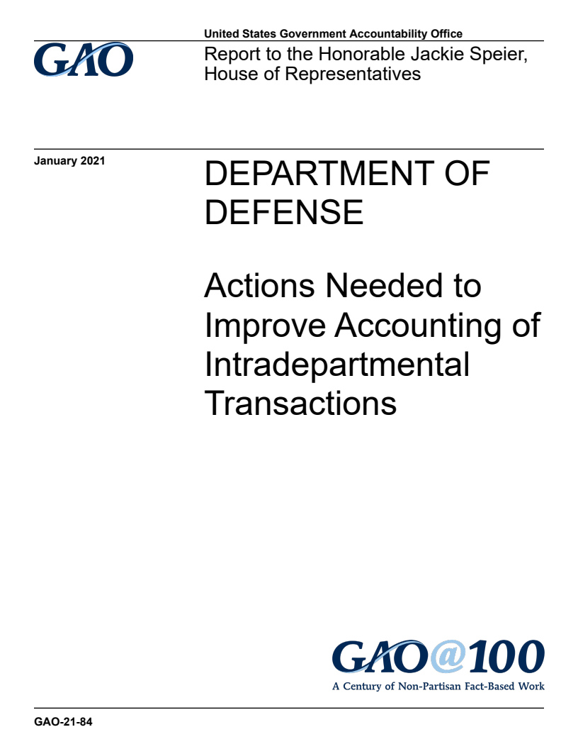 미국국방부(DOD) - 부서간 내부거래 회계처리 개선을 위한 조처 필요 (Department of Defense: Actions Needed to Improve Accounting of Intradepartmental Transactions)