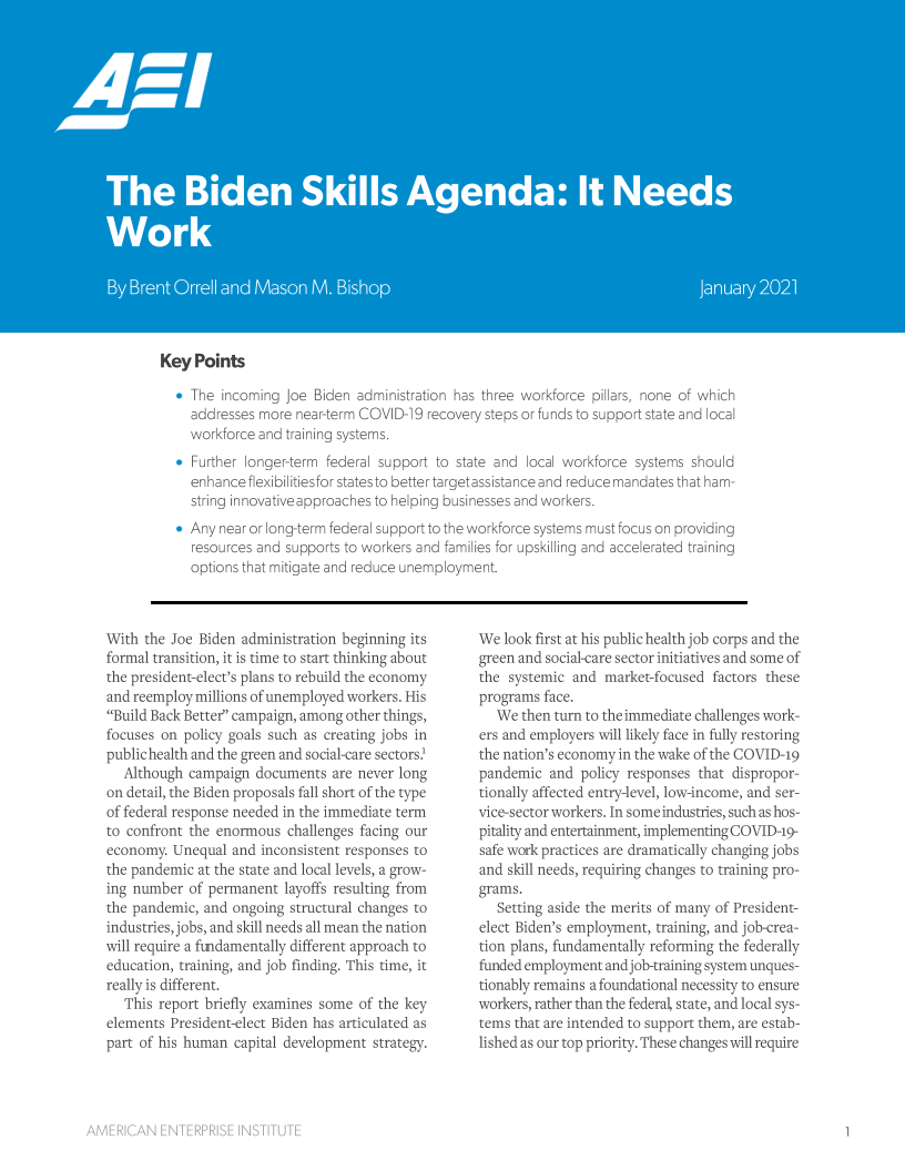 바이든 행정부의 고용 및 노동 정책 의제: 대응 전략 필요 (The Biden skills agenda: It needs work)(2021)