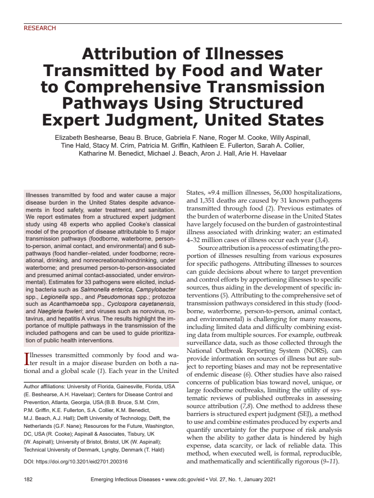구조화된 전문가 판단(SEJ)을 활용한 포괄적 전염 경로로 인한 식품 및 물 매개 전염병(미국)  (Attribution of Illnesses Transmitted by Food and Water to Comprehensive Transmission Pathways Using Structured Expert Judgment, United States)