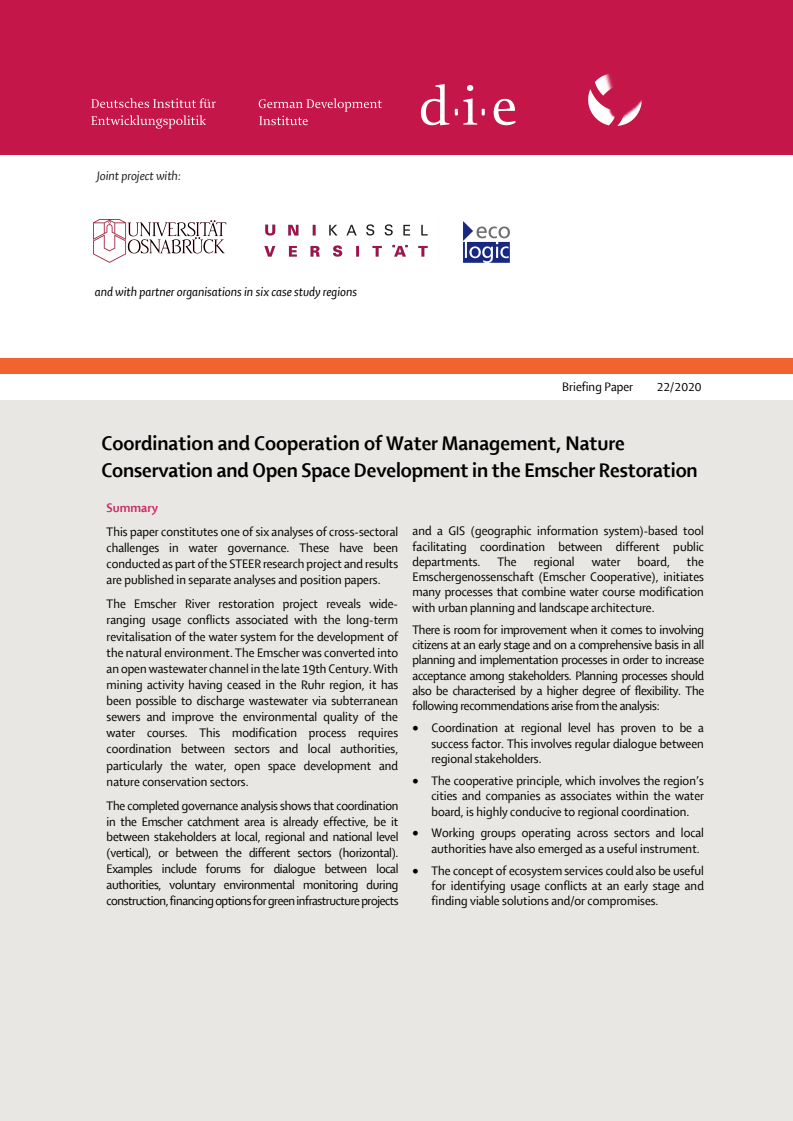 엠셔(Emscher)강 복원 중 수자원 관리, 자연보호 및 열린 공간 개발의 조정과 협력 (Coordination and cooperation of water management, nature conservation and open space development in the Emscher restoration)