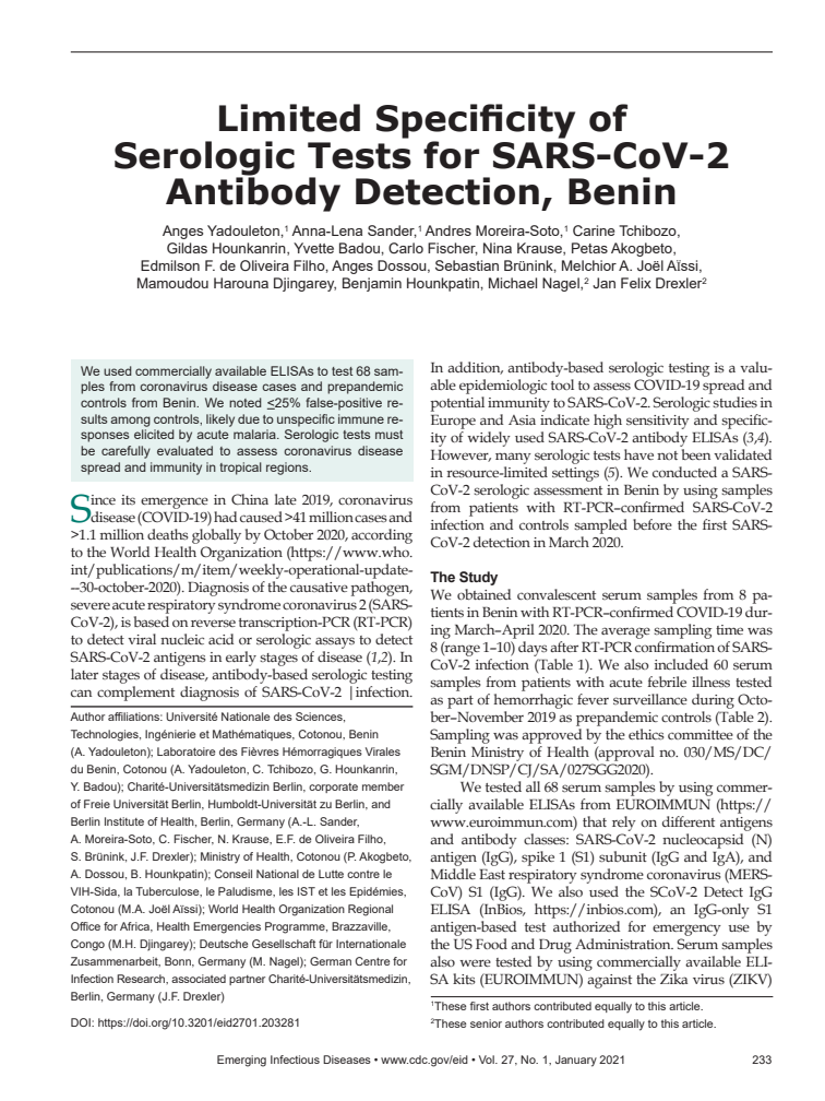 베냉 사례로 나타난 사스코로나바이러스-2(SARS-CoV-2) 항체에 대한 혈청학적 검사의 제한된 특이성