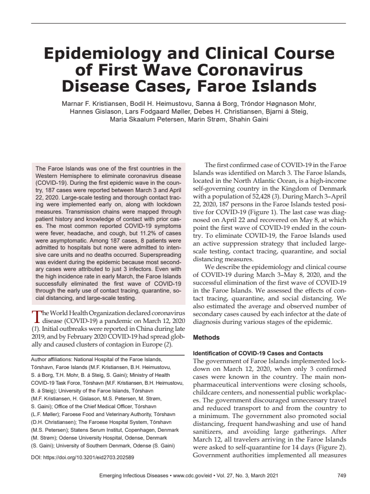 코로나19 1차 대유행 시기의 페로제도의 역학 및 임상 과정 (Epidemiology and Clinical Course of First Wave Coronavirus Disease Cases, Faroe Islands)