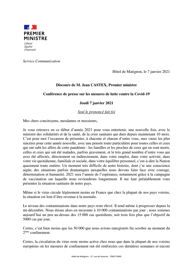 장 카스텍스 총리 담화, 코로나19 대응 조치 관련 기자회견 (Discours de M. Jean CASTEX, Premier ministre Conférence de presse sur les mesures de lutte contre la Covid-19 )