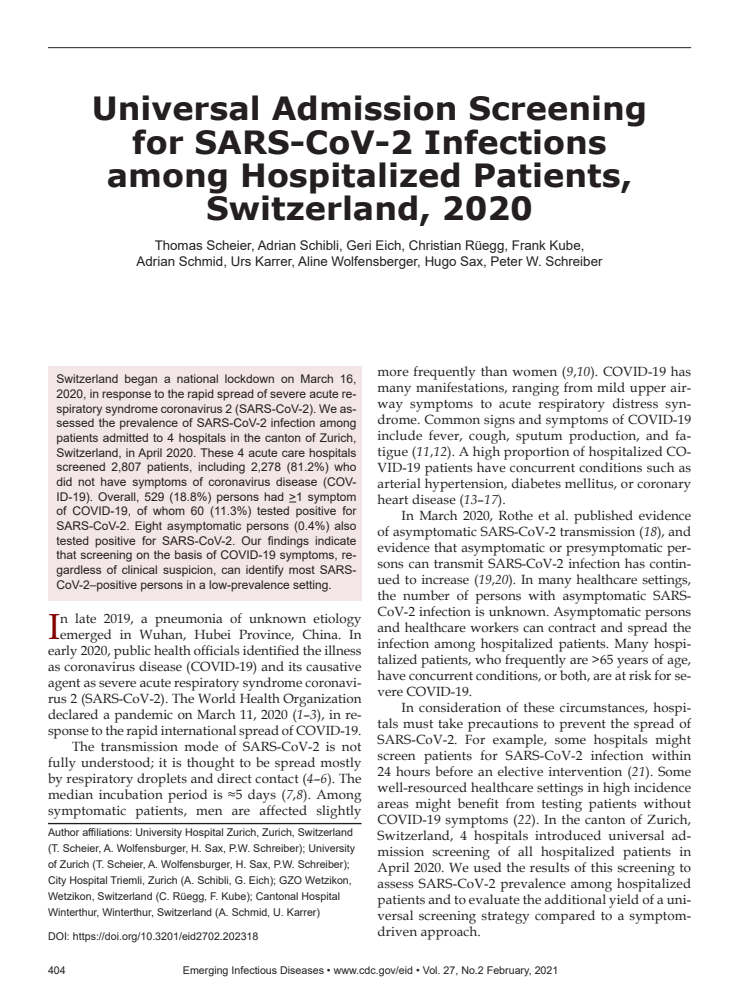 2020년 스위스 입원환자를 대상으로 한 입원 전 사스코로나바이러스-2(SARS-CoV-2) 감염 검사 (Universal Admission Screening for SARS-CoV-2 Infections among Hospitalized Patients, Switzerland, 2020)