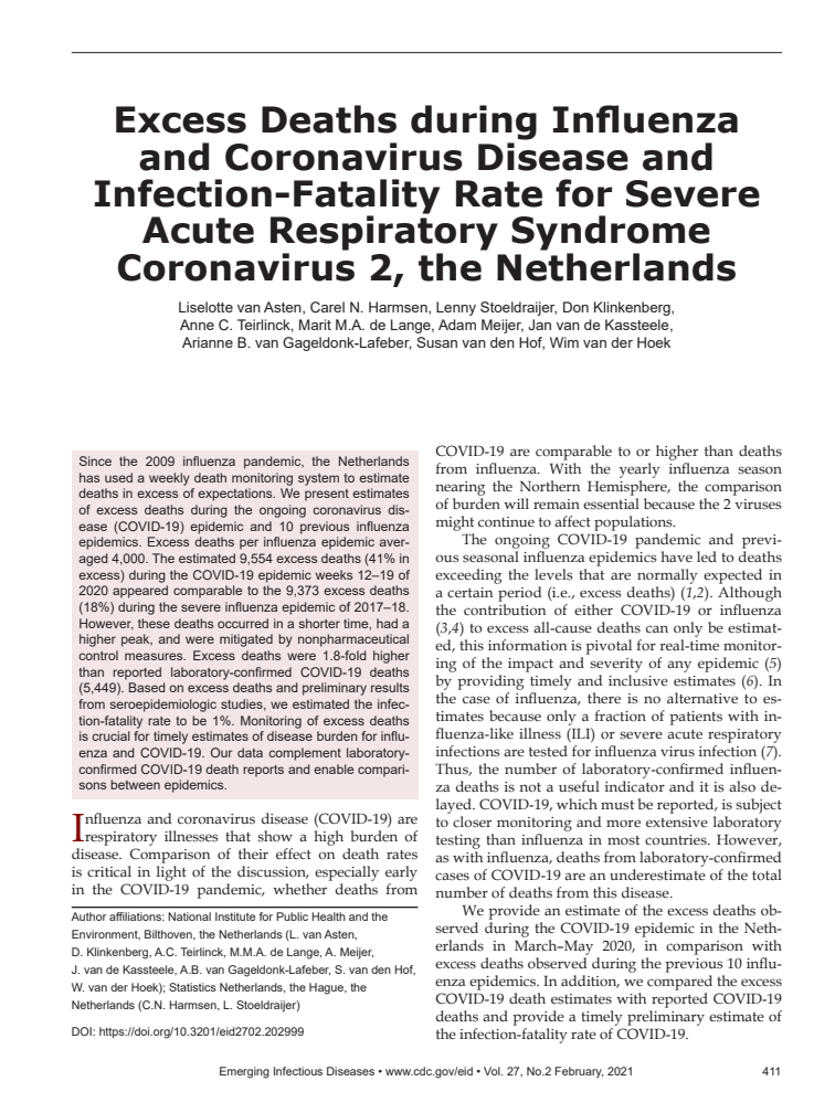 네덜란드 내 인플루엔자와 코로나바이러스감염증-19(COVID-19)로 인한 초과 사망자 수와 사스코로나바이러스-2(SARS-CoV-2) 감염자 치명률 (Excess Deaths during Influenza and Coronavirus Disease and Infection-Fatality Rate for Severe Acute Respiratory Syndrome Coronavirus 2, the Netherlands)